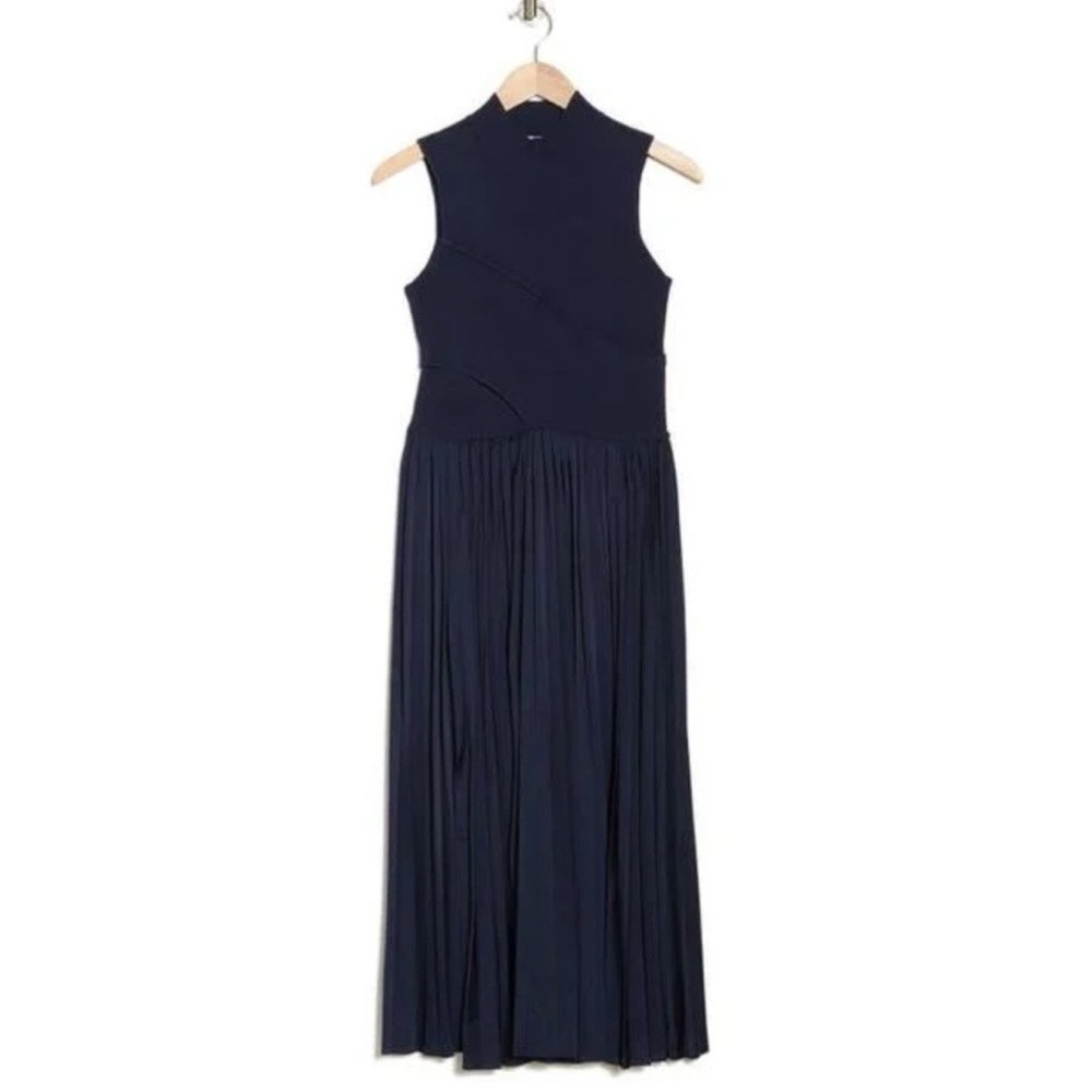 NWT Derek Lam Maizie Mock Neck Pleated Navy Sweater Dress - Size Medium - Picture 2 of 8